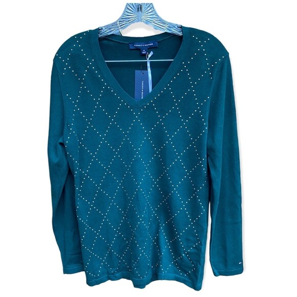NWT. Tommy Hilfiger Green Cotton Argyle/Harleqiun gold tone studs Size Medium M - Picture 1 of 8